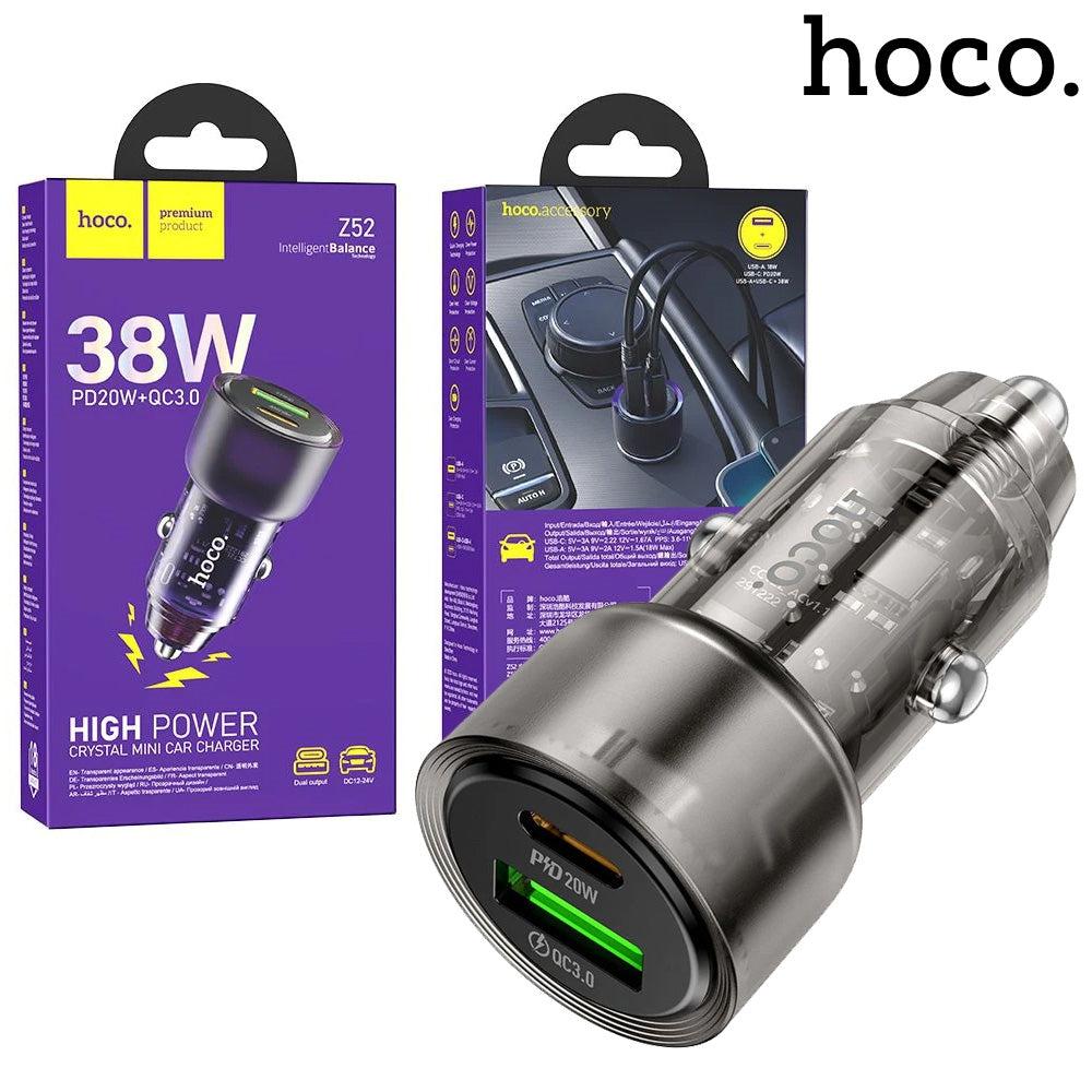 Hoco Z52 Spacious Dual Port (USB + Type-C) PD38W Car Charger Transparent Black