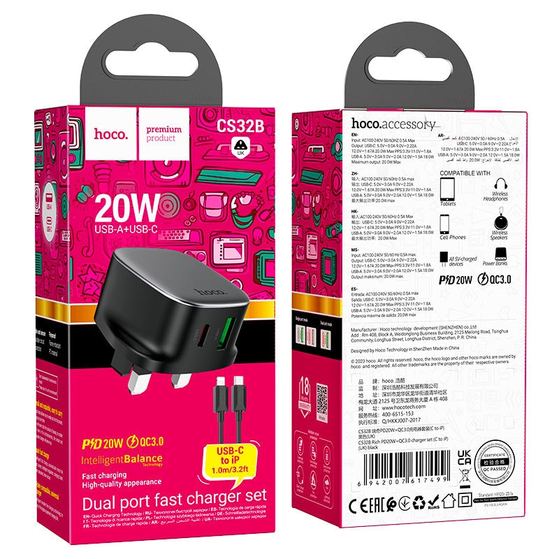 Hoco CS32B PD20W+QC3.0 Charger Set Dual Port ( C to iP) Black